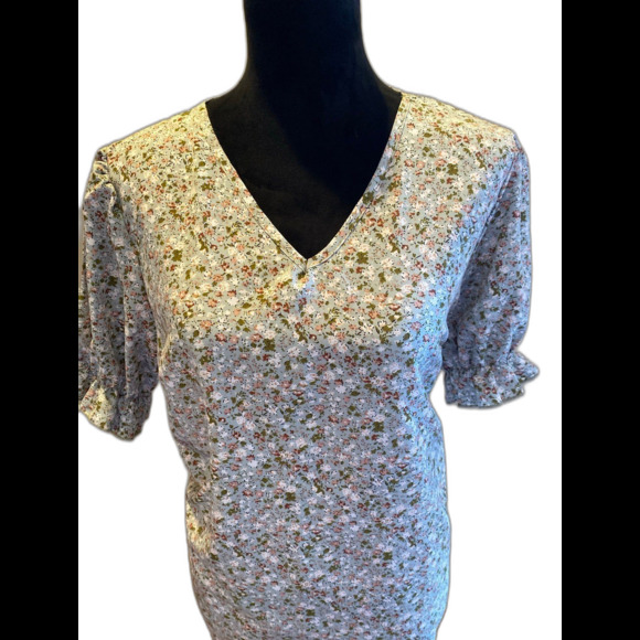 Peasant Blouse Plus Size 2XL Green Print Top Ruffle Elastic Sleeve V Neck Soft - Picture 2 of 8